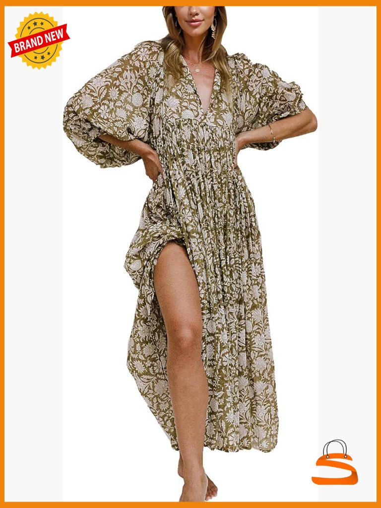 Swing Floral Boho Puff Sleeve A-Line Midi Beach Party Dress